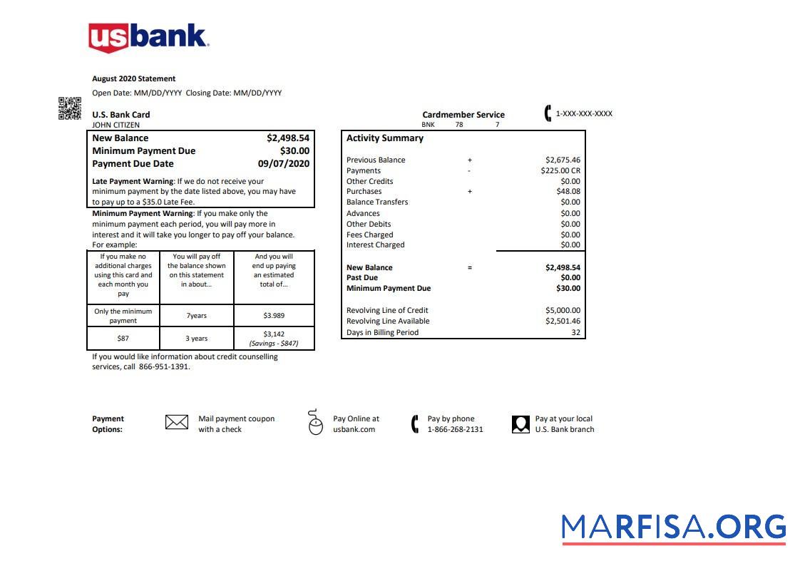 Printable USA U.S. bank credit card statement word 2 pages sample